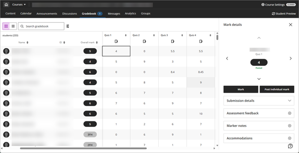 screen shoot of updated Gradebook view